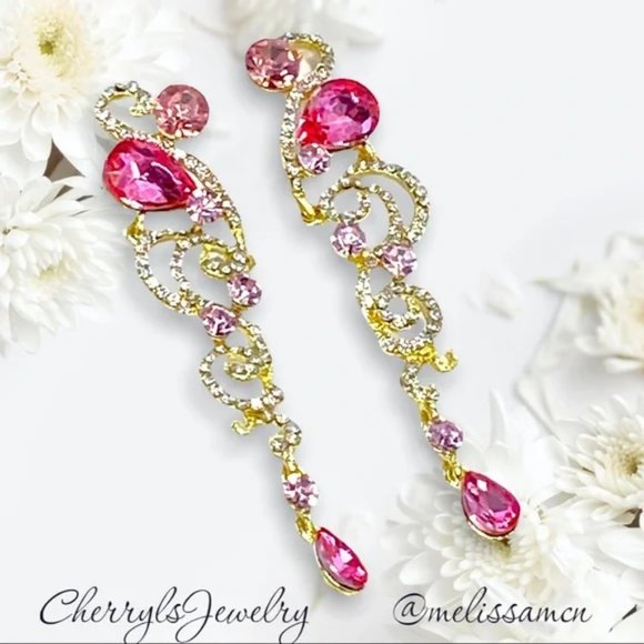Prom Pageant Bridal Jewelry - Pink Crystal Rhinestone Formal Bridal Pageant Prom Event Occasion Earrings